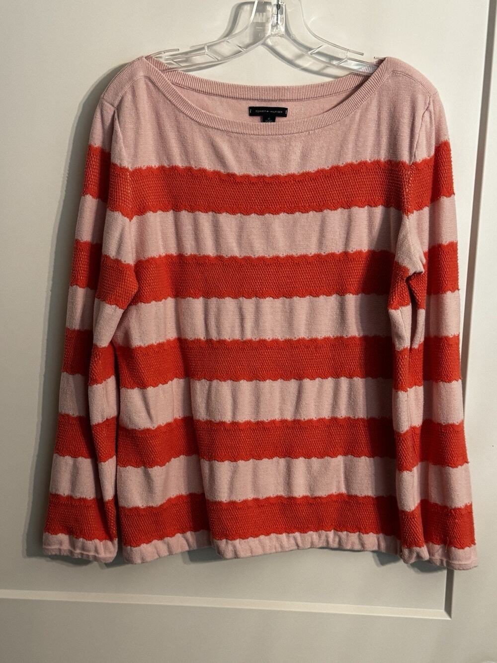 Tommy Hilfiger Pink Striped Pullover Lace Trim Sweater Preppy Beach Resortwear
